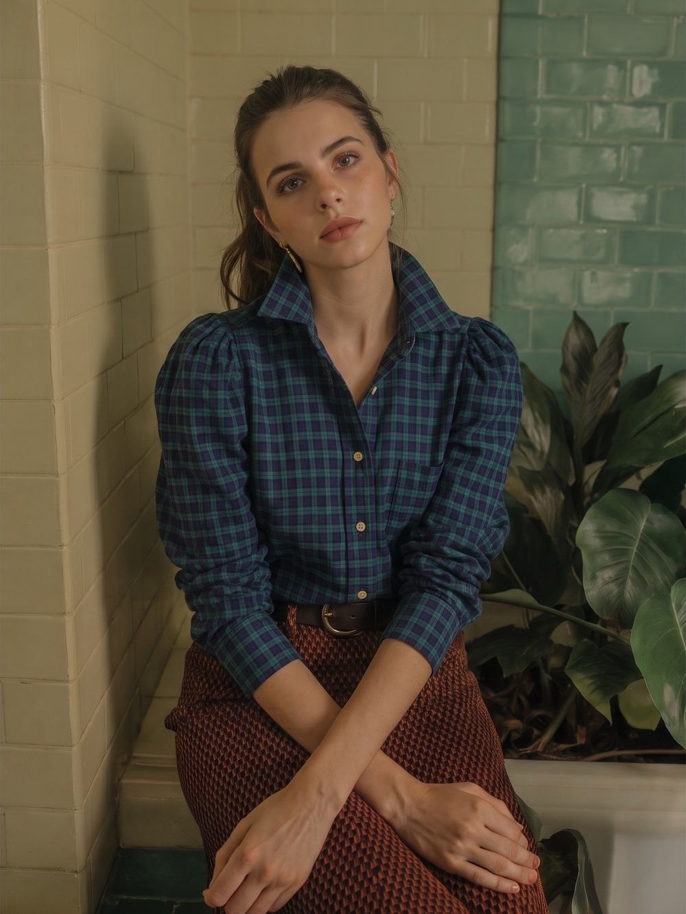 RARE KMJ Daisy Demi Fit Reworked Vintage Plaid Puff Sleeve Button Shirt size XS